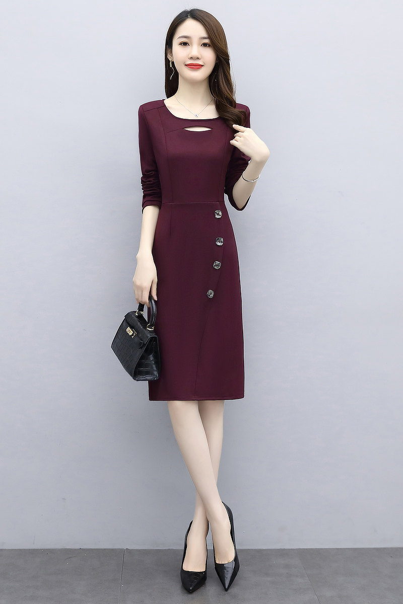 2025春秋季新款简约单色单排扣装饰连衣裙，女装连衣裙，梦依缘,女装连衣裙,梦依缘