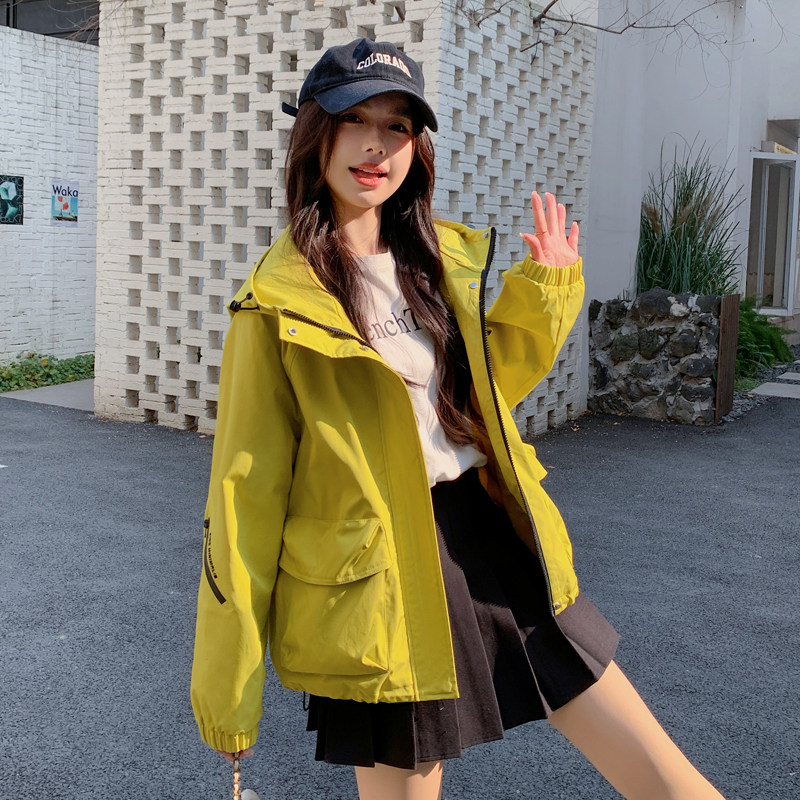 休闲工装连帽玫红色冲锋衣短外套女春秋季2025新款百搭巨好看夹克,女装风衣,2C266