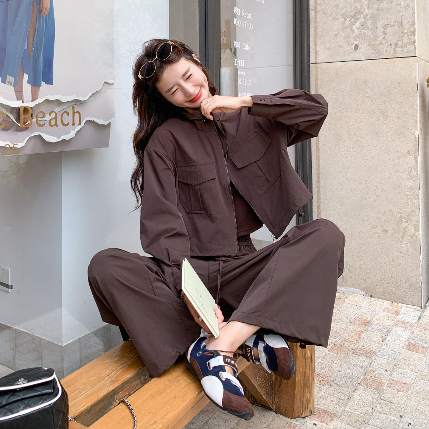 韩系复古休闲工装套装女2025年秋季新款立领外套背心阔腿裤三件套,女装套装/套裙,2C266