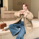卡其色羊羔毛拼接派克羽绒服女冬季大翻领白鸭绒加厚保暖收腰外套，女装羽绒服，2C166
