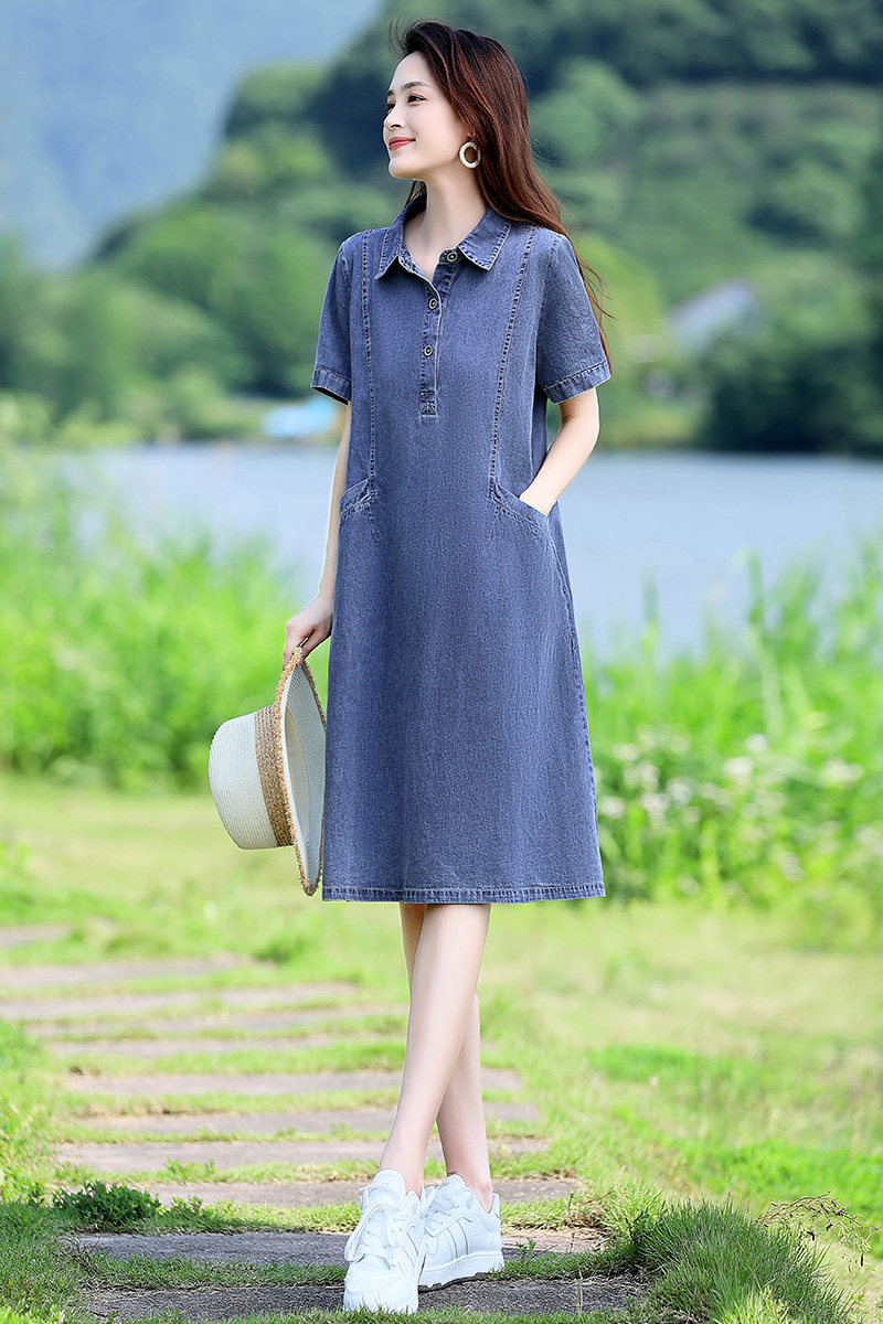 薄款牛仔连衣裙女夏季2025新款短袖休闲复古减龄妈妈遮肚显瘦裙子,女装毛呢外套,新感觉