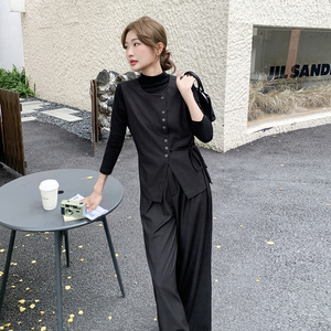 法式轻熟风黑色西装马甲三件套女2025秋季新款高级感打底衫阔腿裤图片
