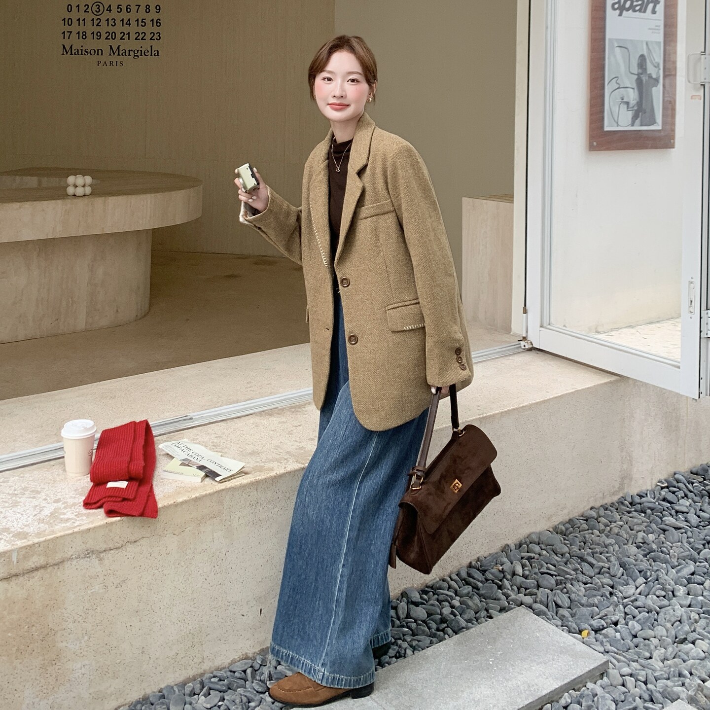 卡其色印花粗花西装羊毛外套女2025秋季新款宽松休闲高级气质西服,女装毛呢外套,2C258