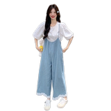 蕾丝花边牛仔背带裤T恤两件套女2025夏季新款宽松减龄阔腿裤套装，女装套装/套裙，2C327