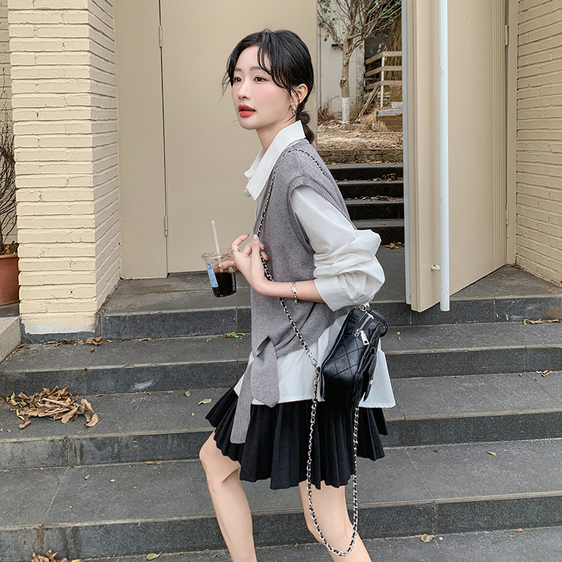高级松弛感穿搭套装女设计感系带针织马甲衬衫两件套6153P125K188,女装套装/套裙,2C166