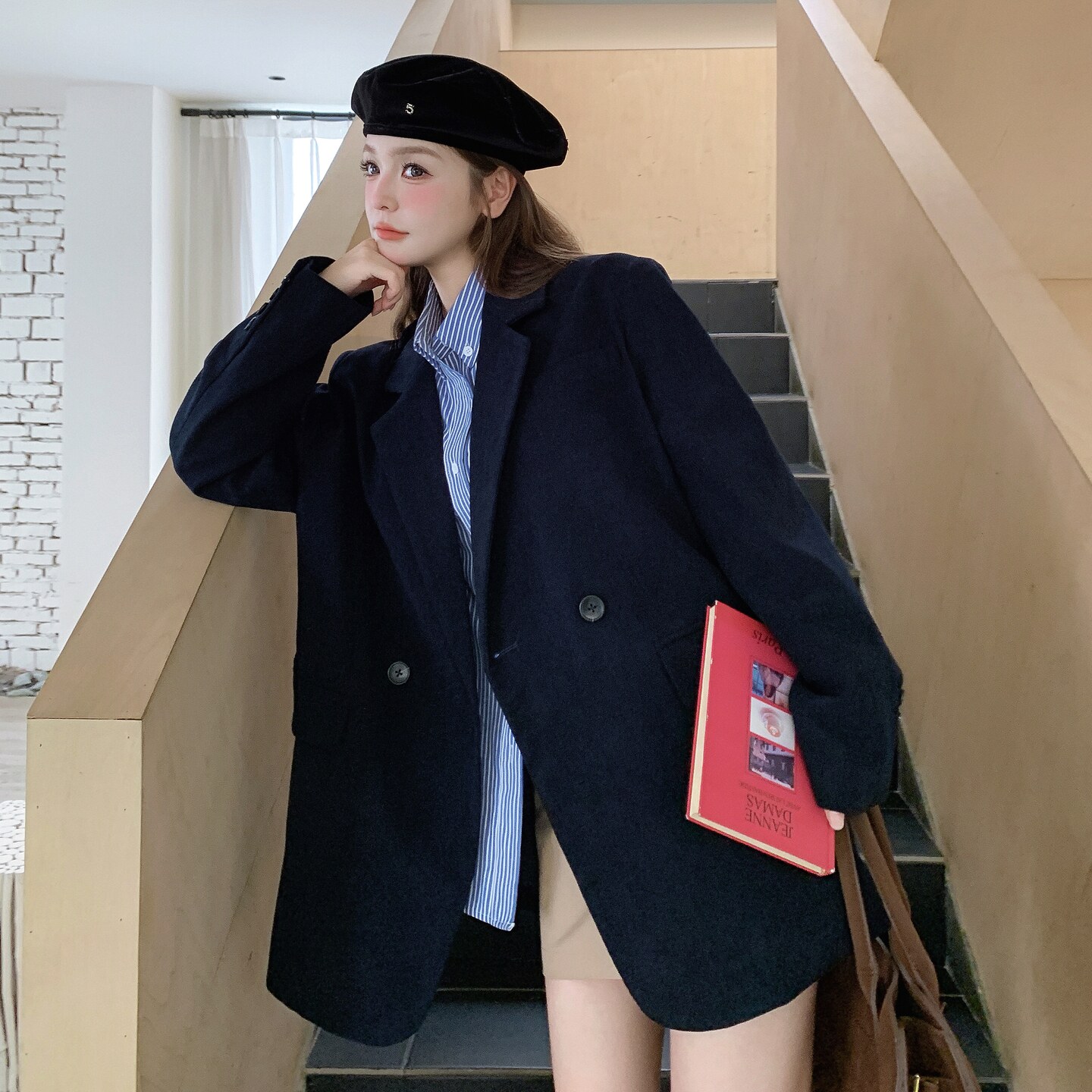 藏青色休闲西装外套女2025秋季新款韩系高级感小个子气质时尚西服,女装西装,2D008