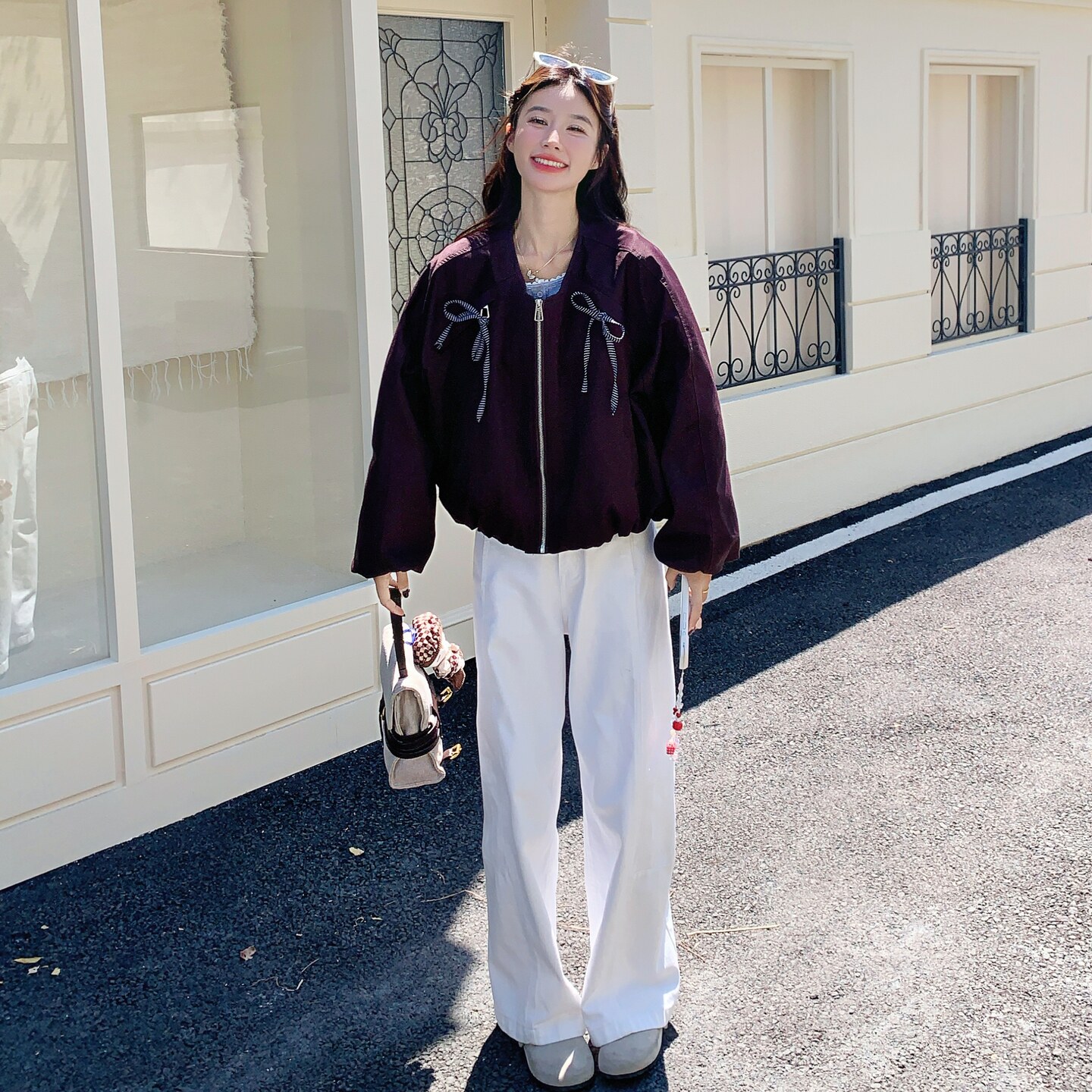 洋气炸街蝴蝶结圆领外套女2025秋季新款超好看宽松小个子短款夹克,女装短外套,2C307