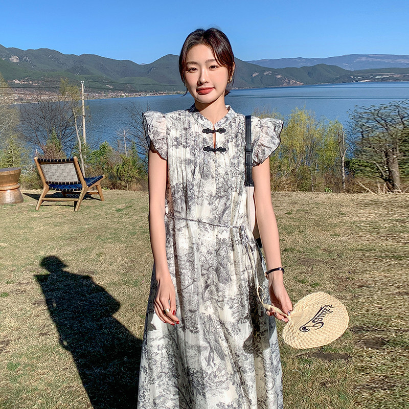 新品新中式水墨画盘扣连衣裙A801P115K168,女装连衣裙,2C269