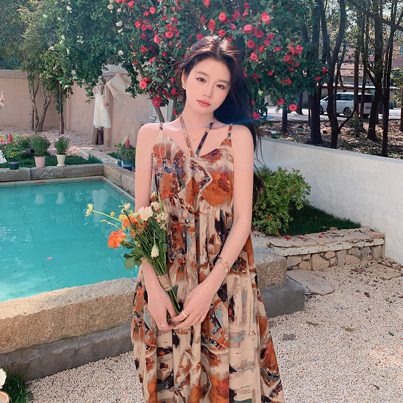 法式浪漫碎花吊带连衣裙女2025夏季新款温柔宽松显瘦海边度假长裙,女装连衣裙,2C029