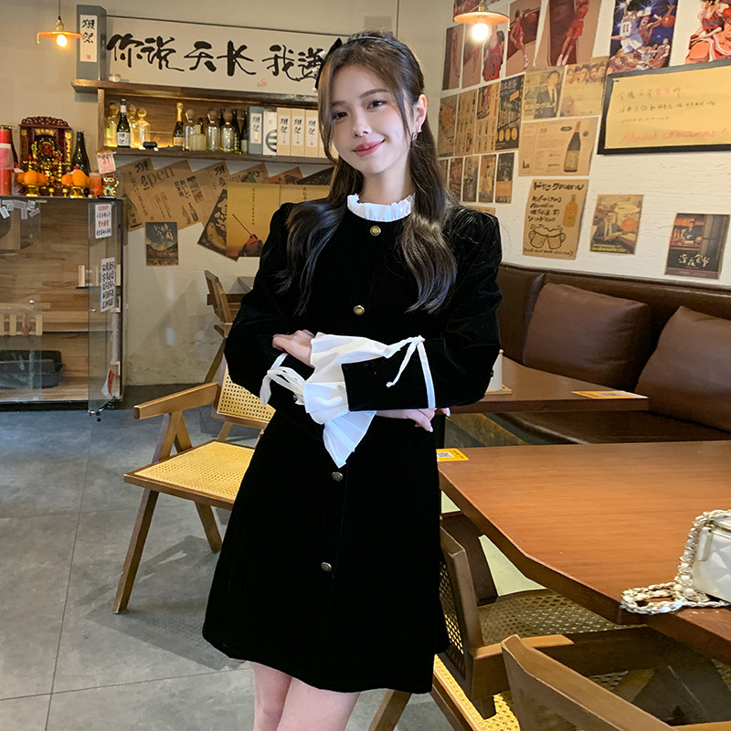 【主推现货】2D148-6602-圆领复古拼色丝绒连衣裙P105-K170,女装连衣裙,2D148