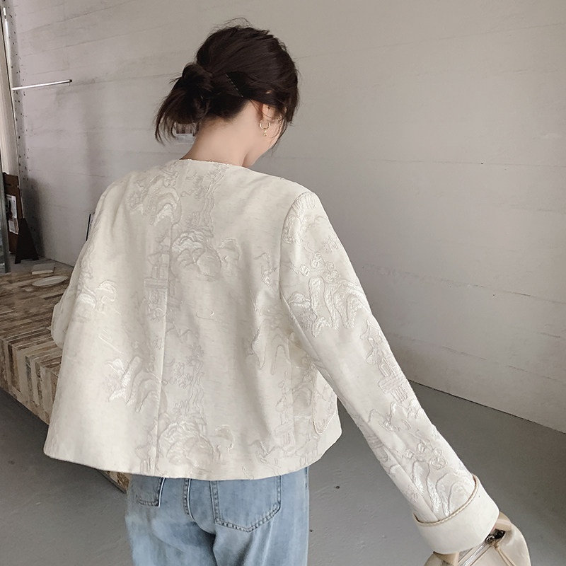 新中式国风提花外套女春季2025新款小个子优雅设计感圆领百搭上衣,女装短外套,2C126