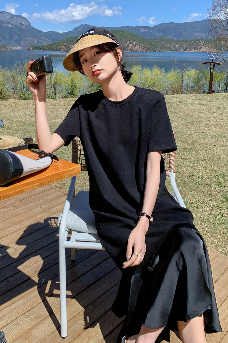 新款！！黑色法式宽松设计感T恤鱼尾裙P125K179,女装连衣裙,2C316