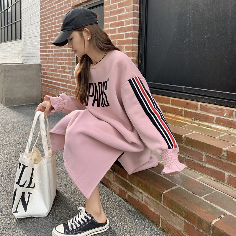 现货！2025冬装粉色加绒刺绣长款卫衣2C056-9001-P130控188,女装卫衣/绒衫,2C056