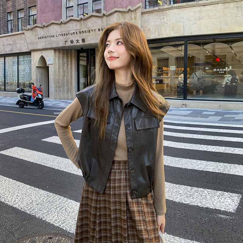 美式复古皮衣马甲女2025秋季新款高级感时尚百搭小个子短款外套潮,女装皮衣,2C215