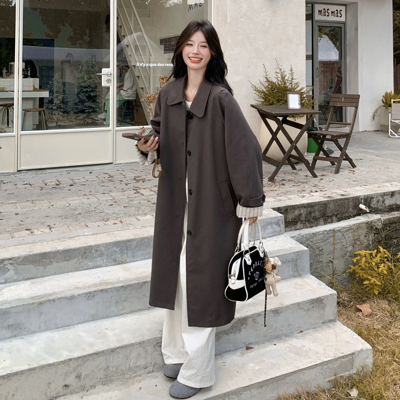 减龄休闲长款灰色风衣外套女春秋2025新款显瘦英伦风大衣流行爆款,女装风衣,2D013