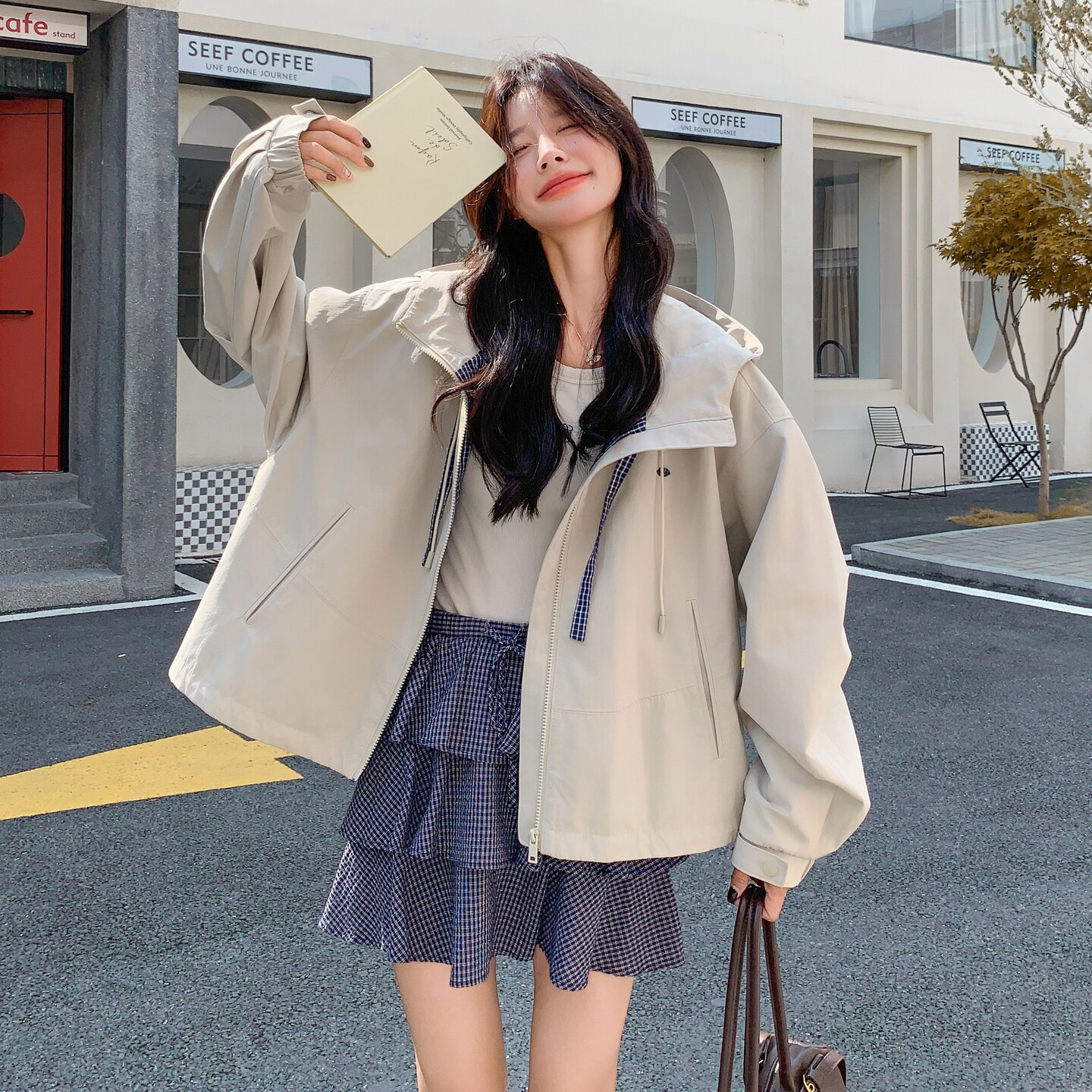 设计感格纹连帽抽绳短外套女2025年秋季新款甜酷气质工装休闲夹克,女装短外套,2C166