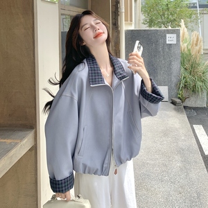 气质格纹拼接蓝色短外套女春秋2025新款小个子流行爆款上衣巨好看图片