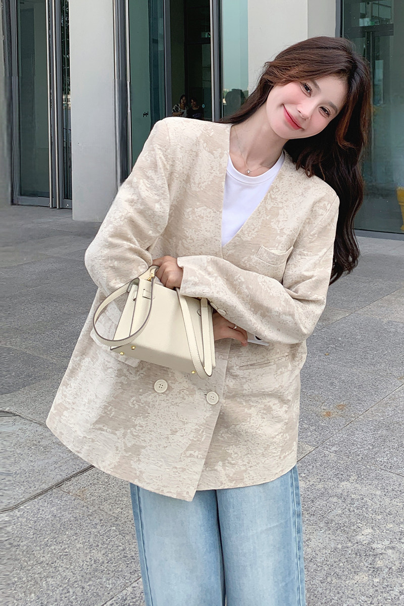 提花设计感V领西装外套女春秋新中式风早秋西服小个子气质,女装西装,2C117