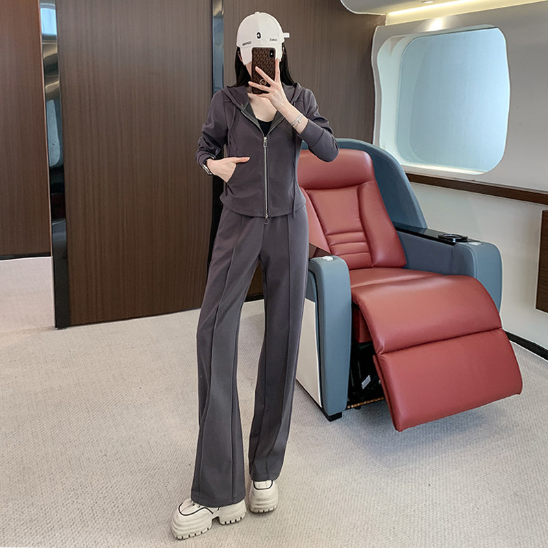 女秋时尚修身显瘦连帽开衫长袖阔腿裤套装,女装套装/套裙,2C310