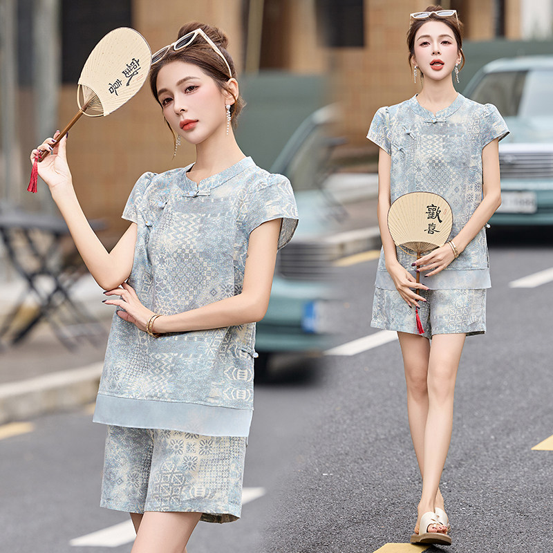 新中式国风时尚套装女2025夏装爆款小个子复古洋气减龄短裤两件套,女装套装/套裙,衣佳和