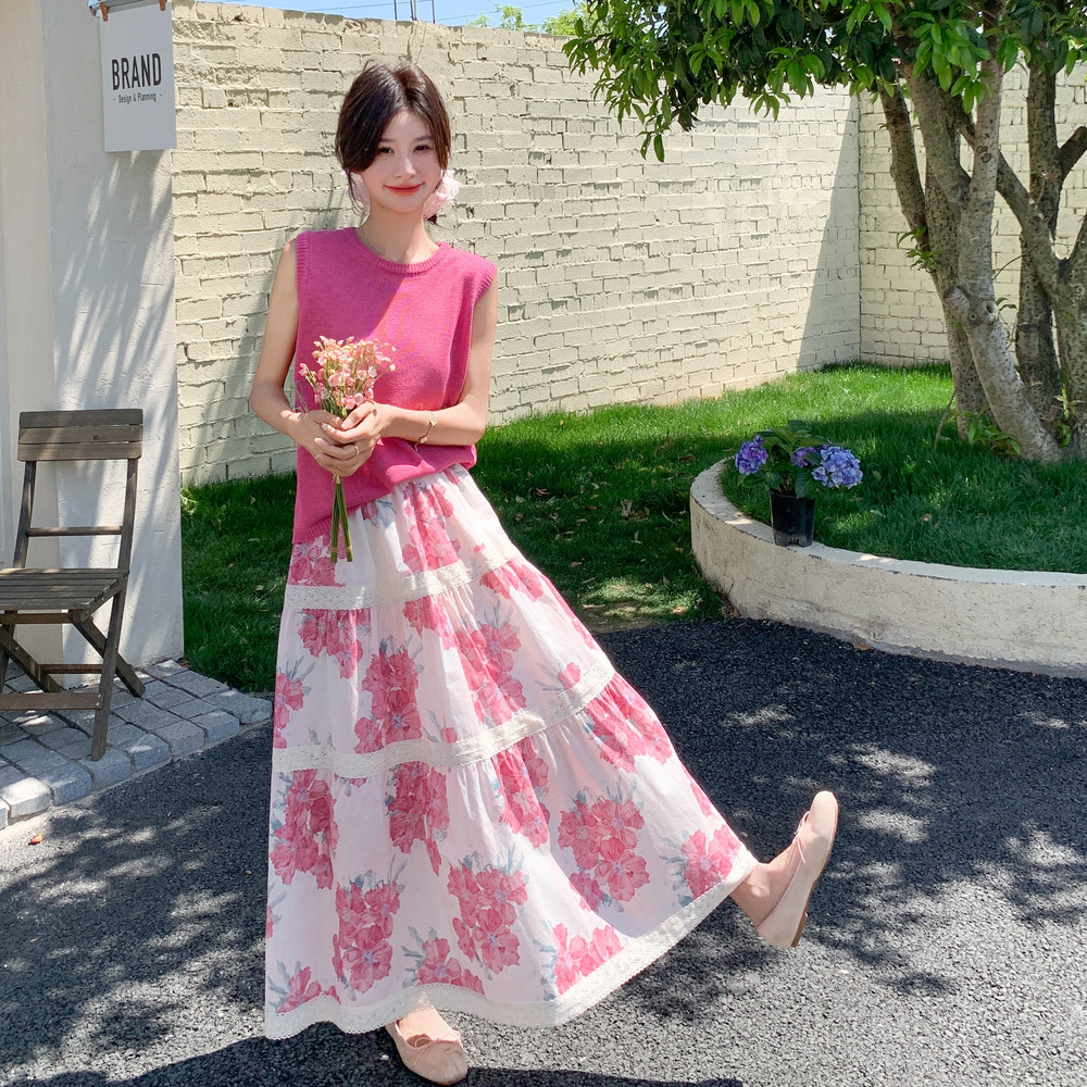 韩系清纯系绝美超火针织背心套装女夏季2025新款碎花半身裙两件套,女装套装/套裙,2C159
