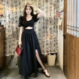 2025夏季新款韩系高级感黑色连衣裙女赫本风复古收腰显瘦气质长裙，女装连衣裙，2C212