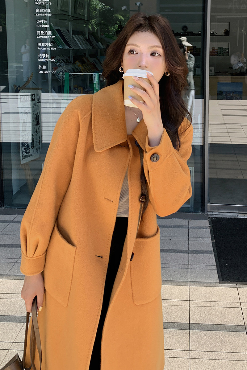 2024中长款秋冬时尚双面羊毛通勤修身大衣外套,女装毛呢外套,2C291