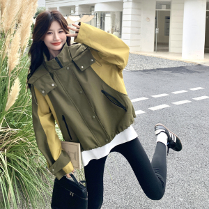 韩版时尚宽松休闲风百搭冲锋外套女秋季新款撞色拼接连帽夹克图片