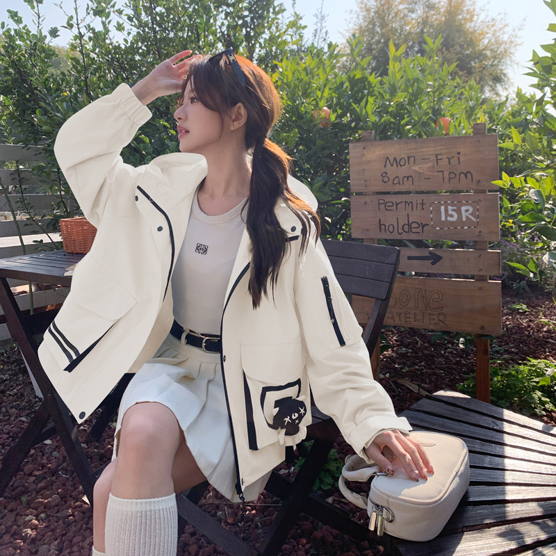 蓝色小个子减龄冲锋衣女2025秋季新款学生韩系休闲防风工装短外套,女装短外套,2C266