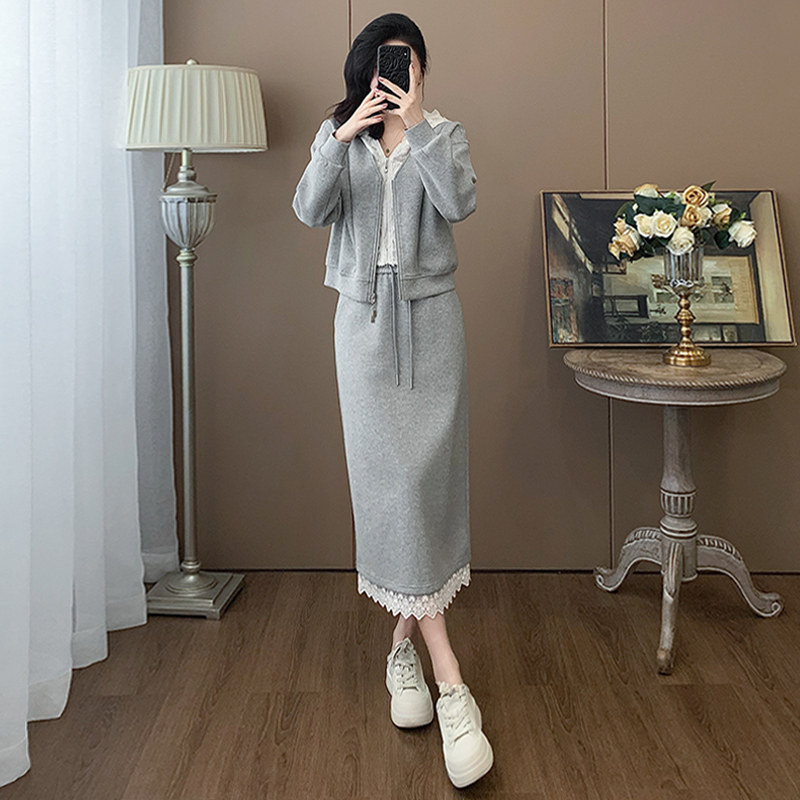 休闲时尚套装裙女春季新款连帽拉链短款碎花抽绳半身裙两件套潮流图片