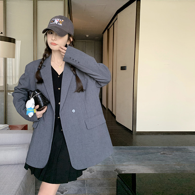 灰色休闲西装女春秋2025新款高级感韩版西服小个子学院风宽松外套图片