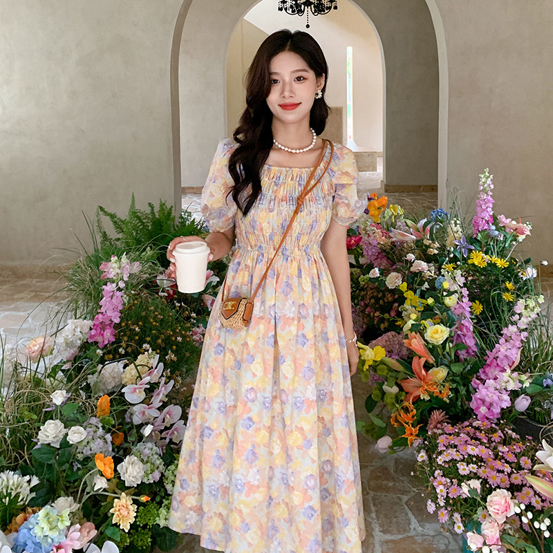 超好看法式碎花方领掐腰连衣裙女夏2025年新款绝美气质感a字长裙,女装连衣裙,2C320