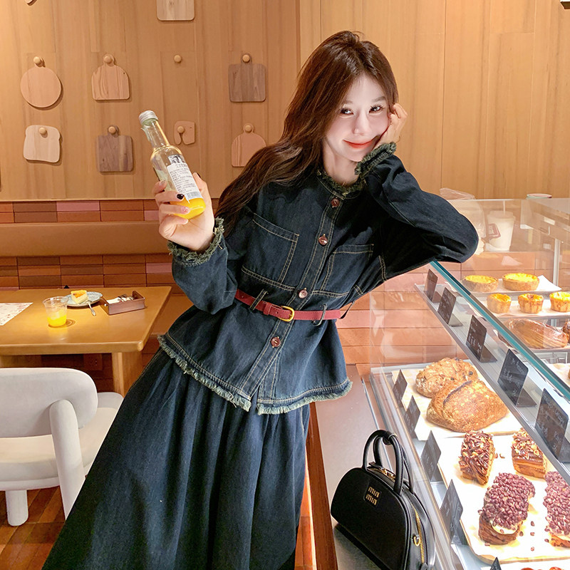 韩版时尚做旧毛边牛仔套装女2025春秋季新款显瘦高腰阔腿裤两件套,女装套装/套裙,2C098
