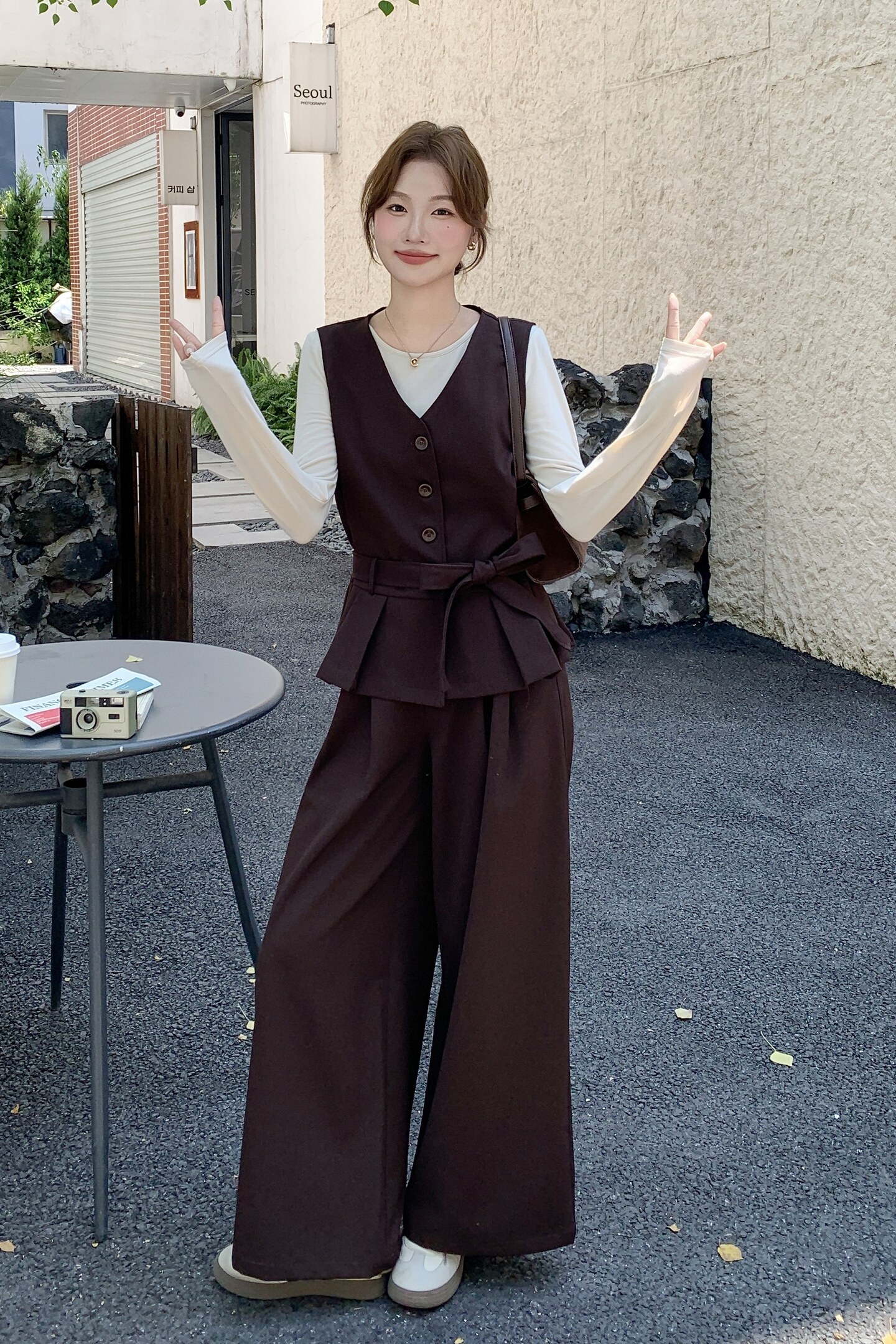 韩系复古气质腰带马甲阔腿裤套装三件套女2025秋季新款韩系御姐风,女装套装/套裙,2C159