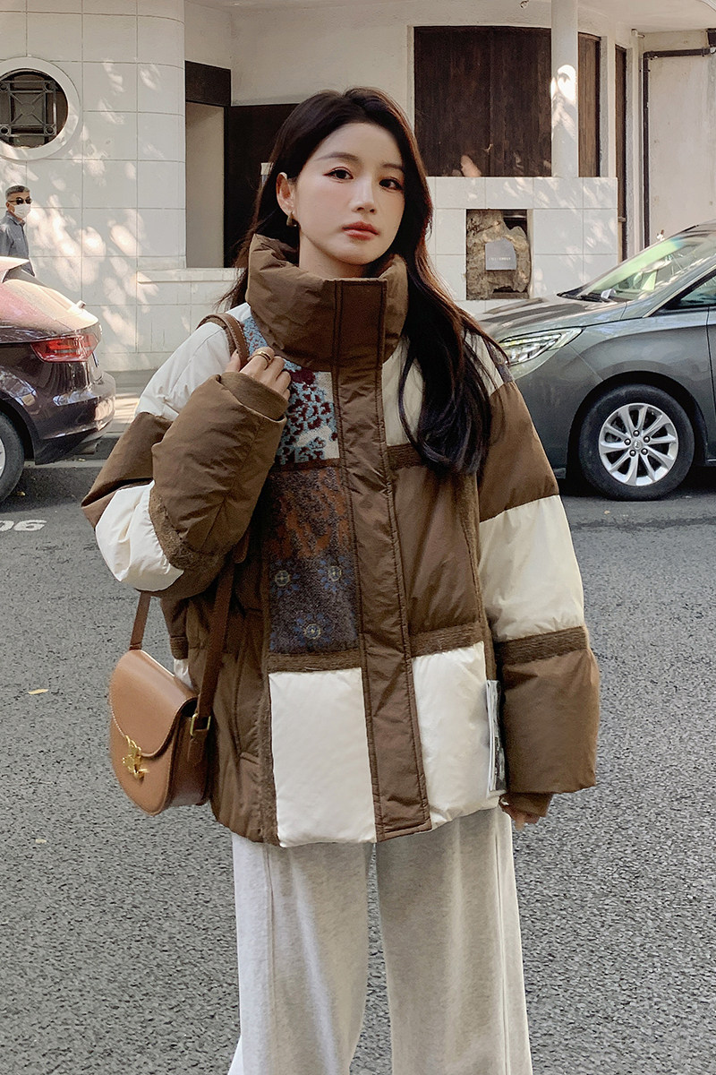 重工刺绣面包服咖色文艺复古拼接保暖冬外套90绒2257P295控458,女装羽绒服,2C166