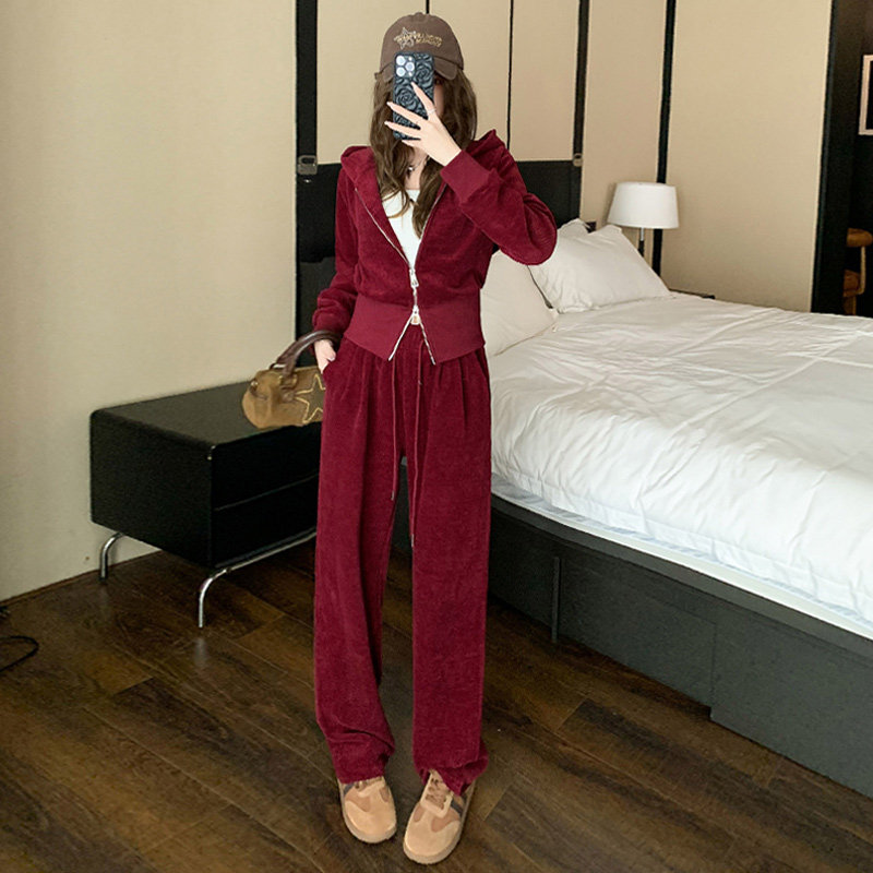 女春连帽拉链开衫阔腿裤两件套,女装套装/套裙,2C310