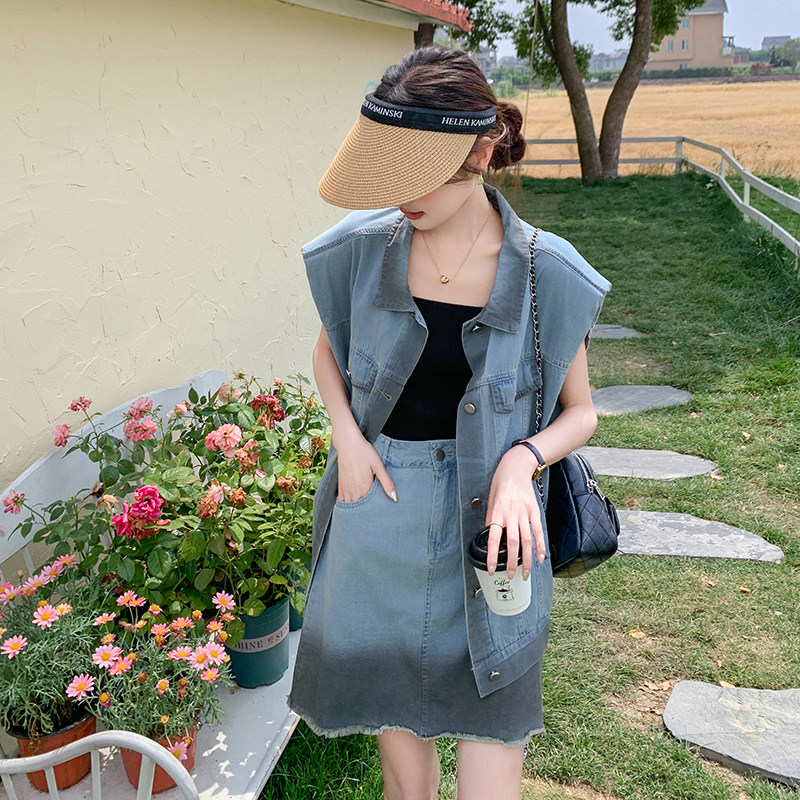 甜辣美式牛仔马甲套装女2025夏季新款炸街时尚上衣洋气短裙两件套,女装套装/套裙,2C115