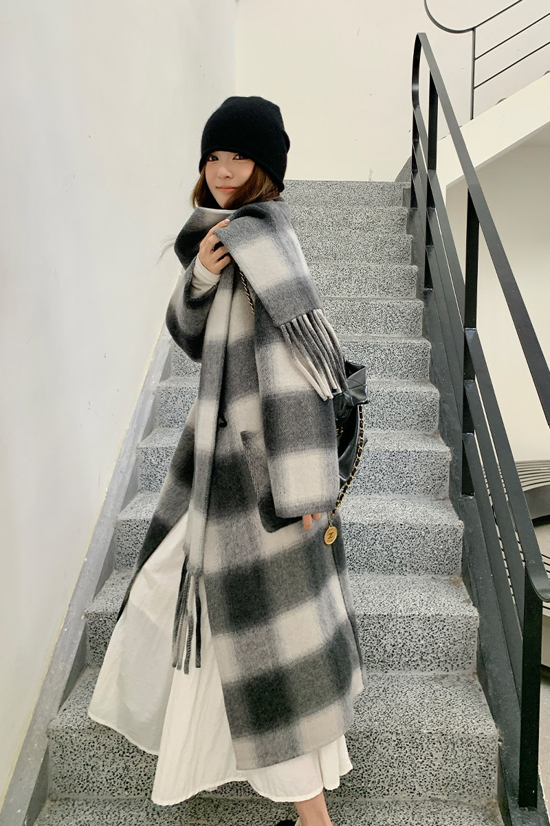 黑白格子双面呢羊绒大衣女中长款秋冬新款高级感牛角扣羊毛呢外套,女装毛呢外套,1D066-1