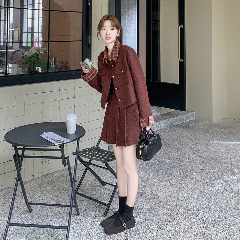 红小香风毛呢套装裙女春秋高级感大方得体小个子时髦洋气,女装套装/套裙,2C166