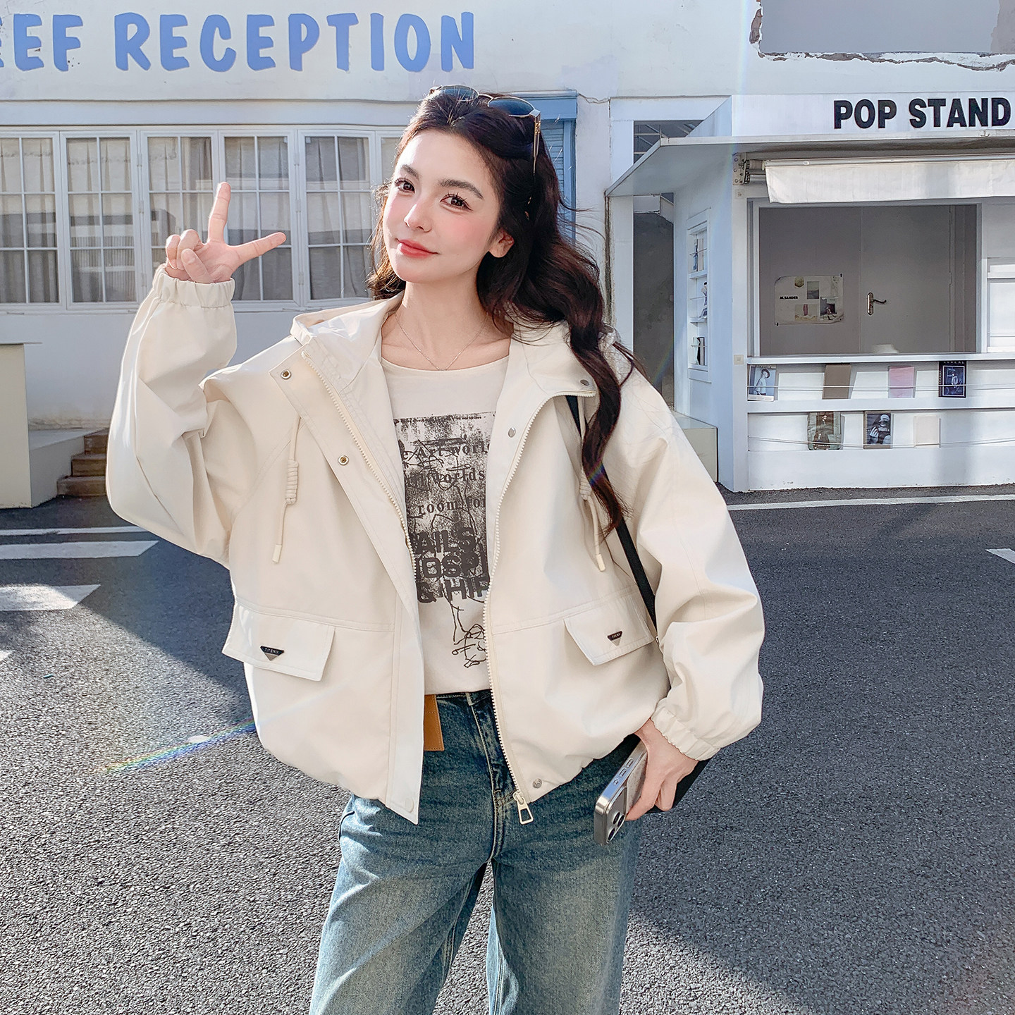 现货！现货！韩系休闲连帽短款外套女2026春秋新款小个子夹克上衣,女装短外套,2C306