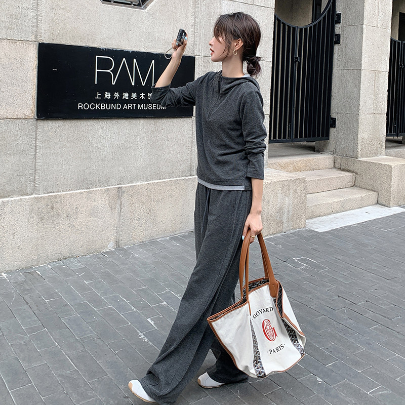 灰色休闲套装女2025新款春秋穿搭一整套减龄显瘦垂感阔腿裤两件套,女装套装/套裙,安在秀