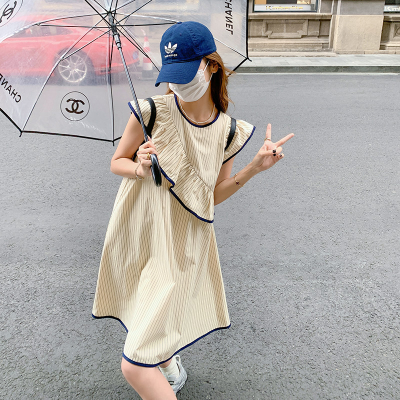 白色小个子无袖连衣裙女2025夏季新款木耳边减龄条纹简单大方裙子,女装连衣裙,2C201