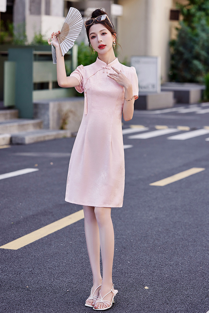 粉色少女年轻版改良旗袍女2025夏季新款小个子修身洋气减龄连衣裙,女装连衣裙,唯婧