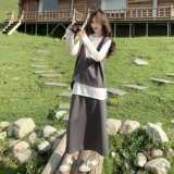 灰色韩系简约休闲马甲套装裙女2025秋季新款长袖T恤半身裙三件套，女装套装/套裙，2C159