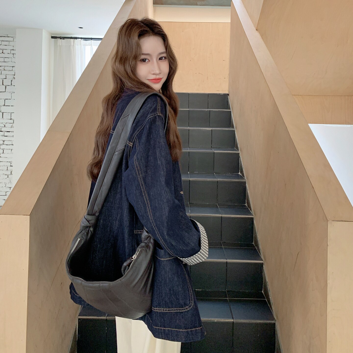 条纹拼接牛仔外套女秋季2025新款韩系慵懒风chic休闲超火减龄夹克,女装风衣,2C218