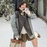 牛仔拼接皮毛一体外套女小众设计感宽松韩系2024冬羊羔毛小个子厚，女装皮草，2C299