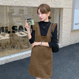 红麂皮绒木耳边拼接背带连衣裙女春新款洋气减龄短裙，女装连衣裙，2C113