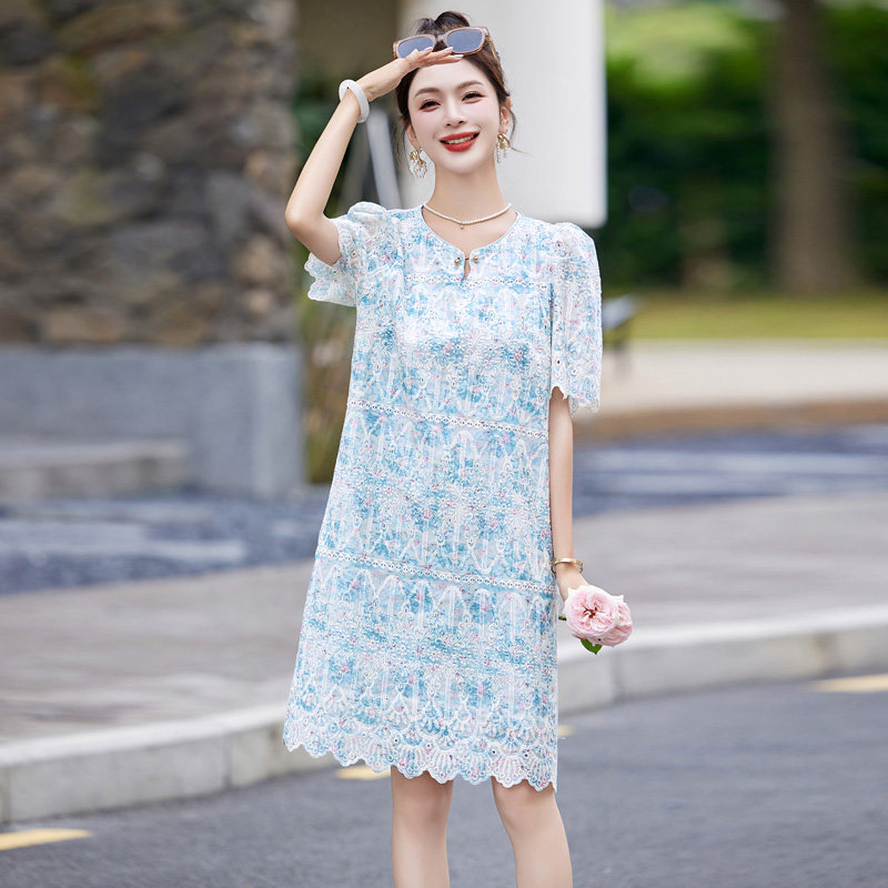 2025新款夏装V领泡泡袖显瘦减龄蕾丝镂空刺绣连衣裙,女装连衣裙,丽莎妳雅