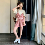时尚休闲套装女2024新款夏装搭配一整套拼接短袖上衣短裤两件套潮，女装套装/套裙，2D043