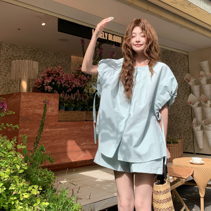 气质蓝色衬衫短裤套装女夏2025新款小个子两件套显瘦爆款又酷又飒,女装套装/套裙,2D146